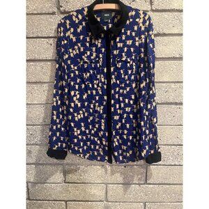 Maeve Penguin Print Button-Up Blouse Size 8 Blue & Beige With Black Accents